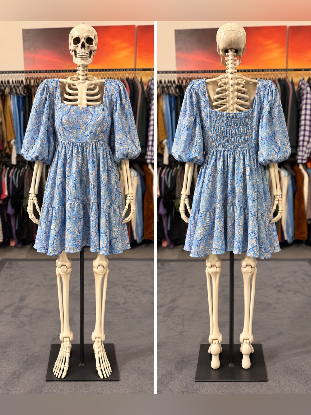 POL Blue Paisley Puff-Sleeve Smocked Mini Dress